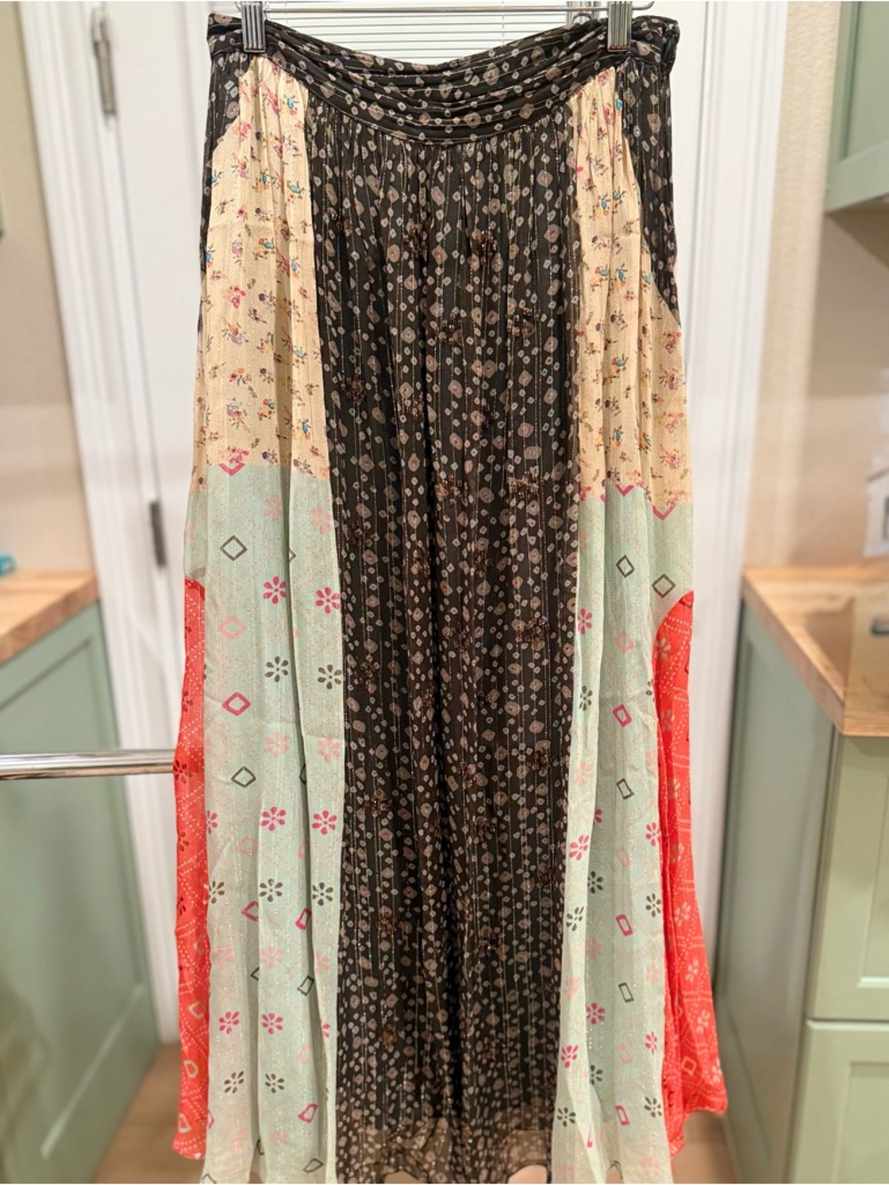 Anthropologie Maxi Skirt in Black, Cream, Mint & Coral Patchwork